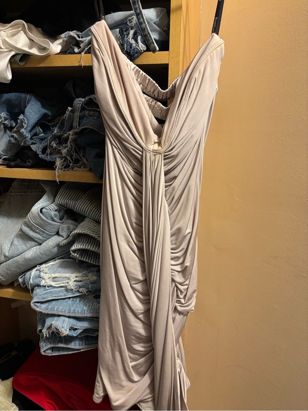 bebe One-Shoulder Draped Dress in Light Taupe